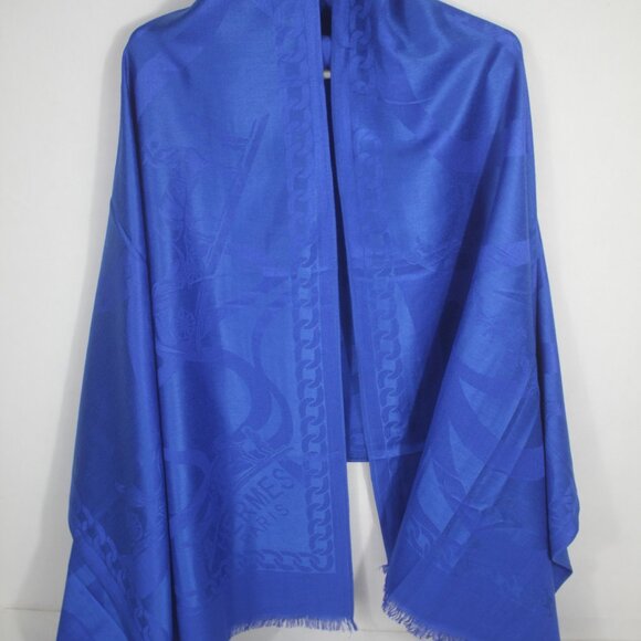 Authentic Hermes Scarf shawl wrap Blue 65%Cashmere 35% Silk Used - Picture 1 of 9